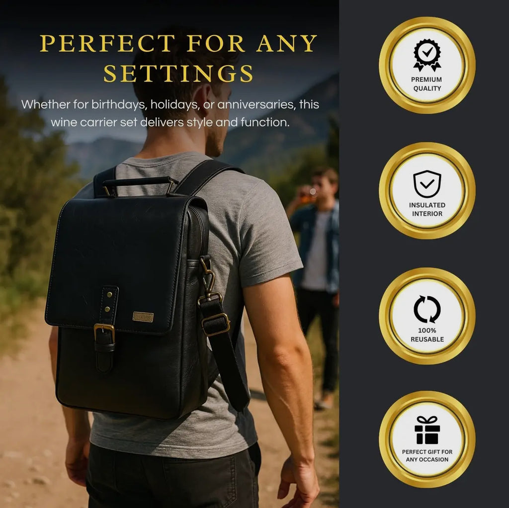 3 Bottle Leather Wine Tote Bag with Tumblers & Opener