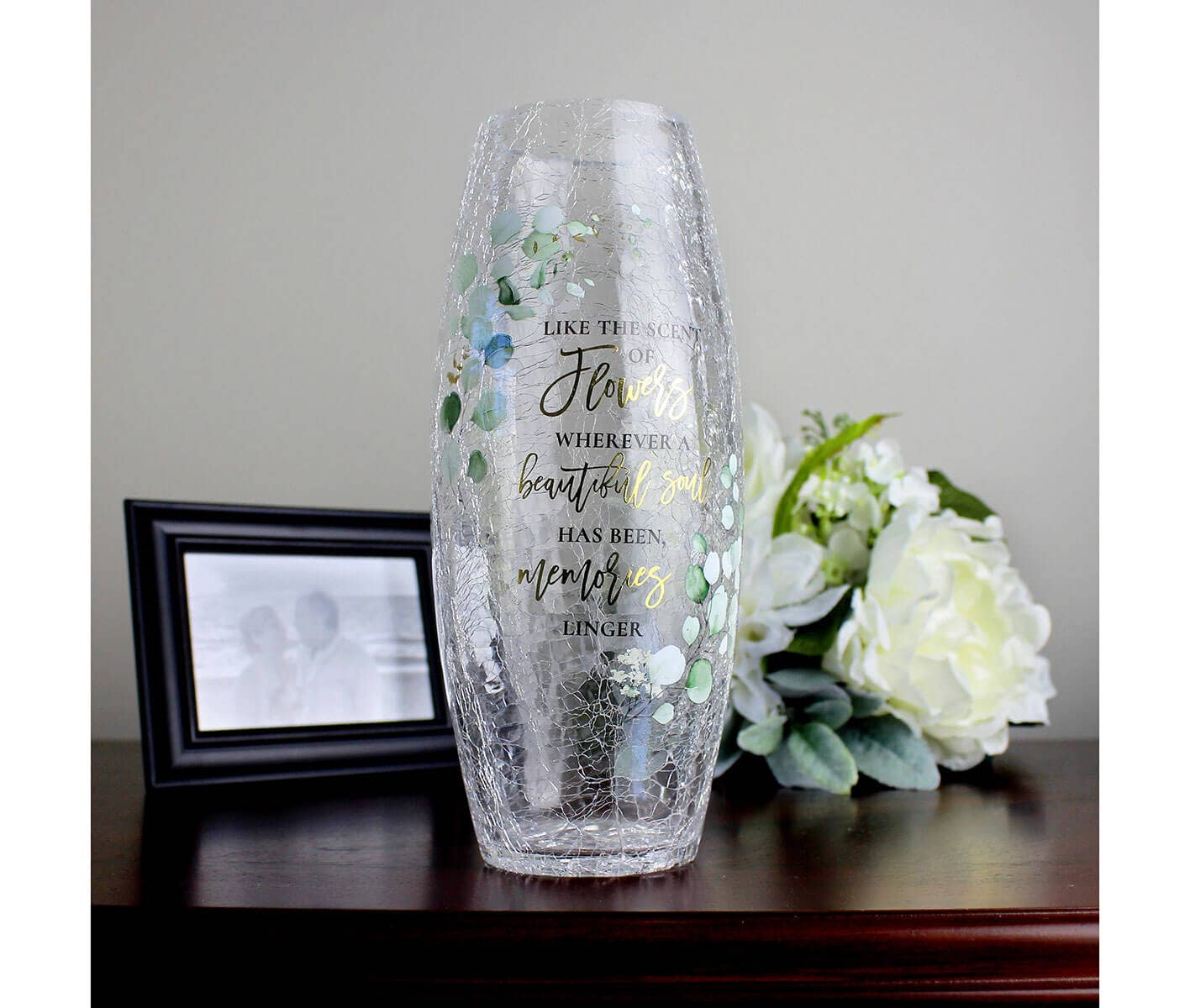 Crackle Glass Memorial Flower Vase with Sympathy Verse