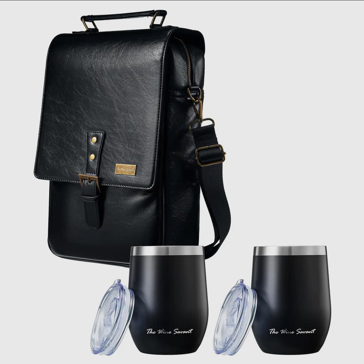 3 Bottle Leather Wine Tote Bag with Tumblers & Opener