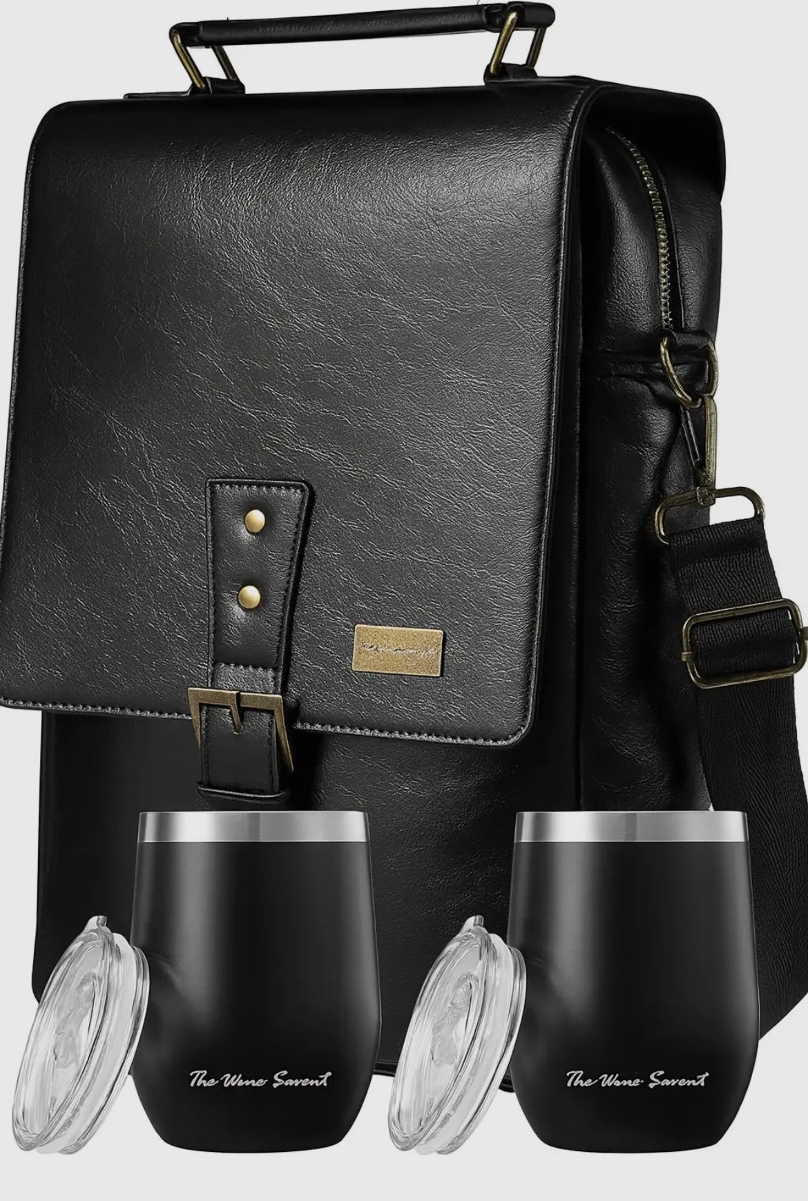 3 Bottle Leather Wine Tote Bag with Tumblers & Opener