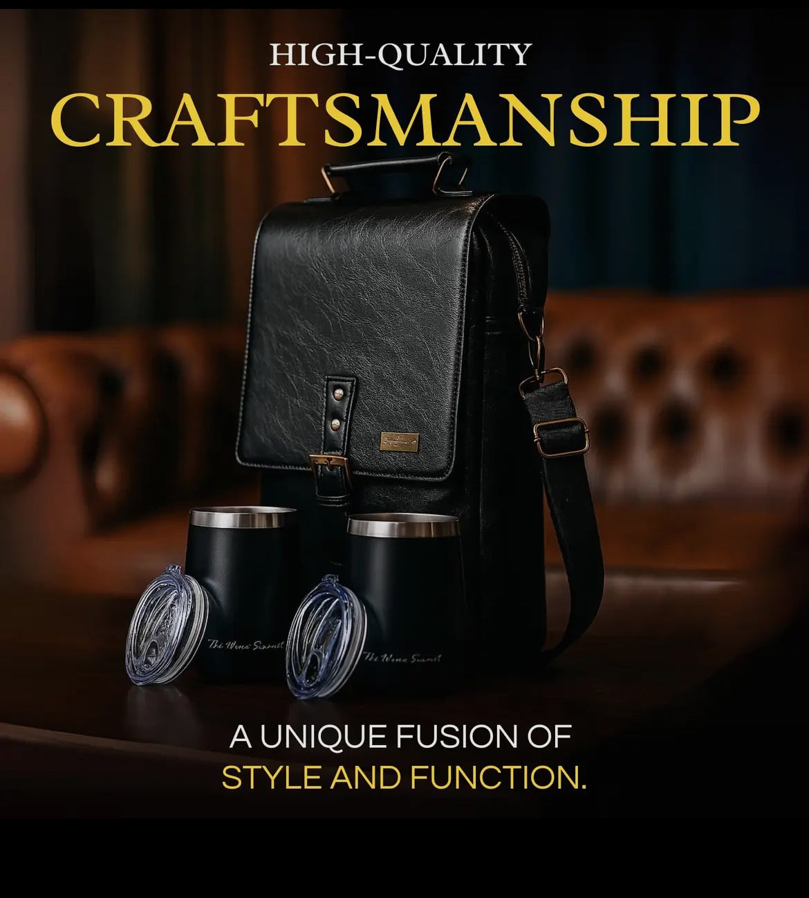 3 Bottle Leather Wine Tote Bag with Tumblers & Opener